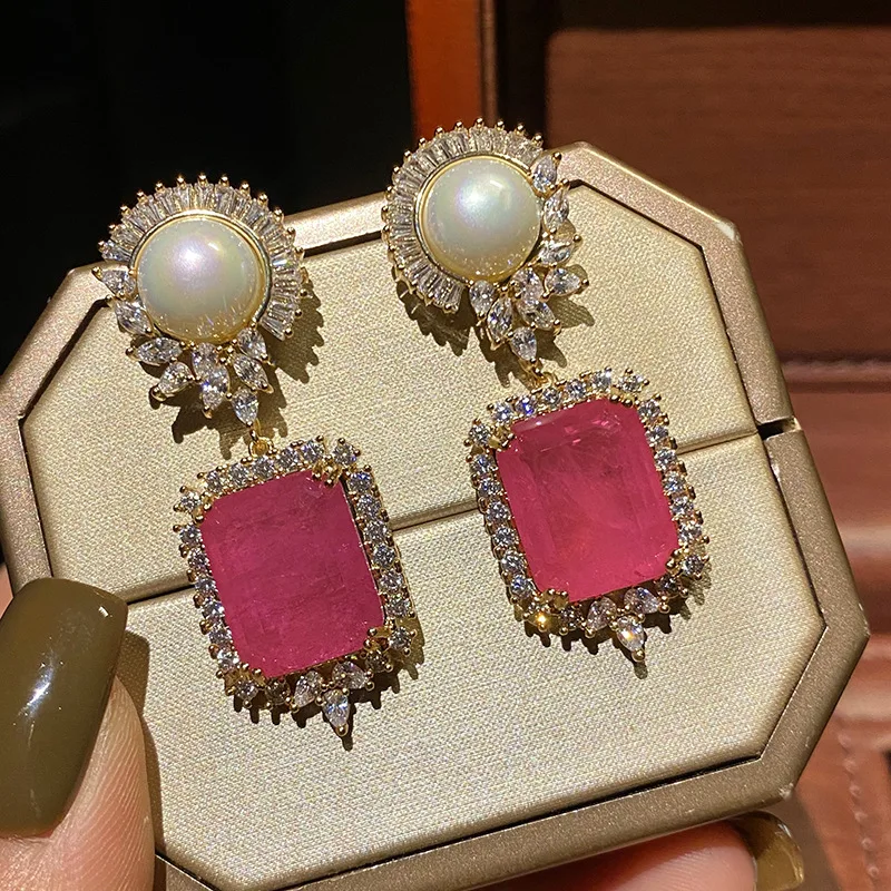 Charms S925 Silver Needle Square Emerald Crystal Pearl Earrings Retro Grace Vintage Dark Green Earring Women Jewelry Accessory