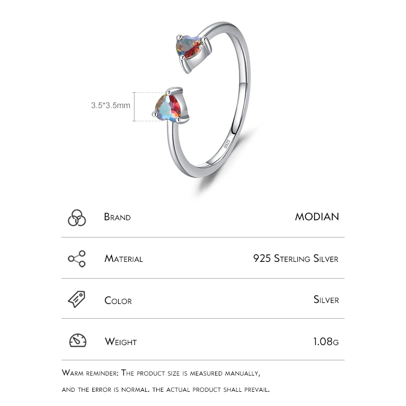 Imagen 4: Anillo de dedo ajustable de circonia con corazones coloridos simples de Plata de Ley 925 Modian, anillo de boda elegante para mujer, joyería fina