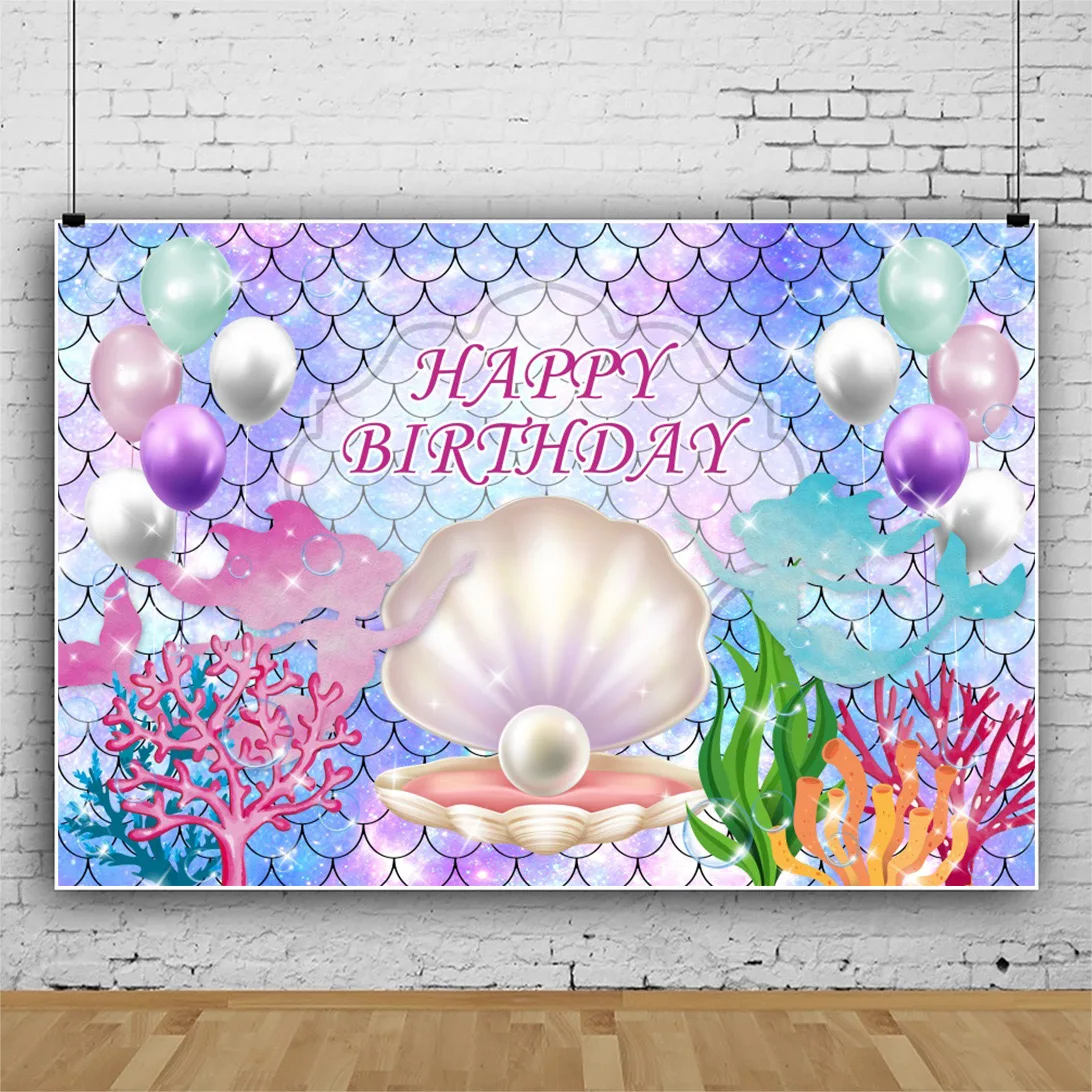 Mermaid Birthday Photography Background For Kids  Princess Fish Scale Shell Sequins Party Photo Studio Background NR-01