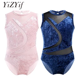 Ballet Leotard Girls Teens Gymnastics Leotards Sleeveless Soft Comfortable Pleuche Mesh Splice Cutout Back Ballet Dance Jumpsuit