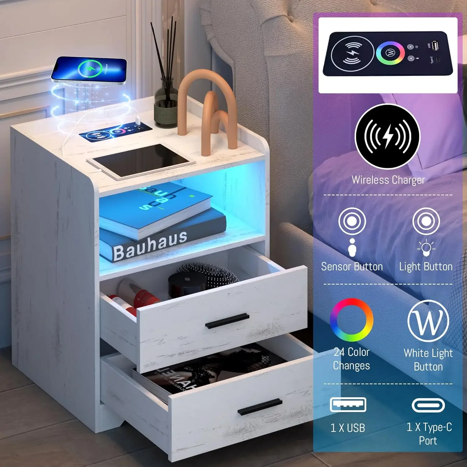 LED Nightstand with Wired/Wireless Charging Station, Night Stand with 24-Color RGB Lights, Modern Side Table, Smart Nightstands