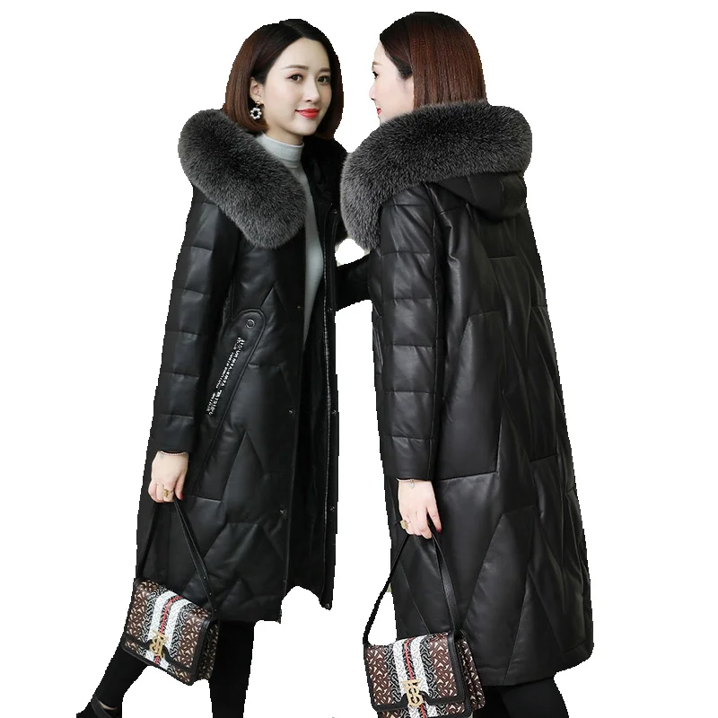 

Sheepskin Down Female Long Fox Fur Grass Hooded 9-Season New Genuine Leather Jacket