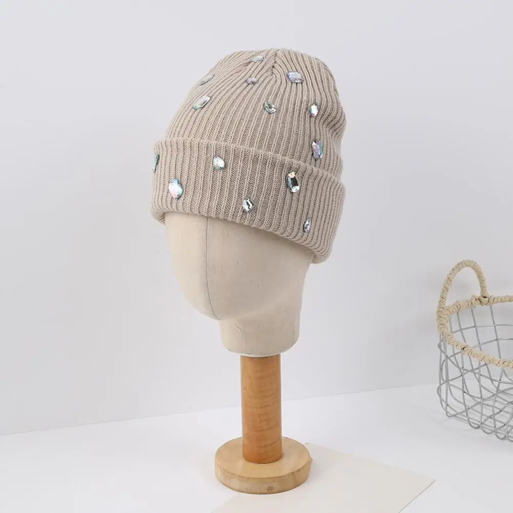 Punk Style Hat with Rhinestones Fashionable Autumn Headwear Bling Rhinestone Knitted Hat Winter Warm Skull Cap Street for Women