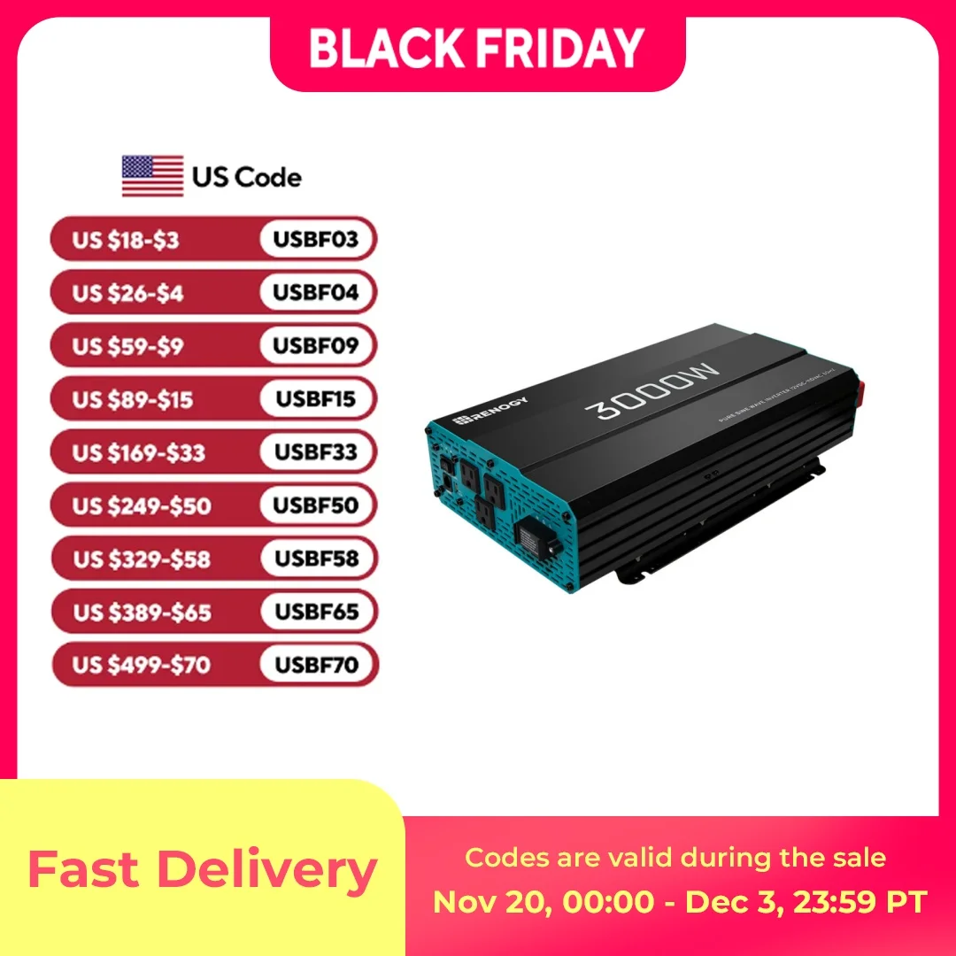 

Renogy 3000W Pure Sine Wave Inverter 12V DC to 120V AC Converter for Home, RV, Truck, Off-Grid Solar Power Inverter with Built-i