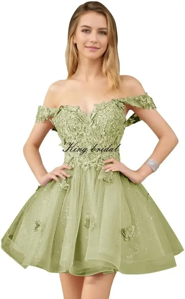 الدانتيل كوكتيل فستان قصير فساتين النادي بريق تول يزين فساتين العودة للوطن للمراهقين مطرز قبالة الكتف فساتين حفلة موسيقية قصيرة