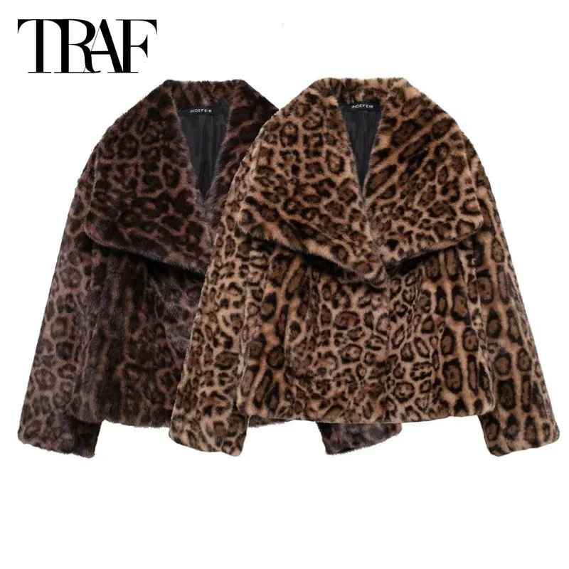 

TRAF Leopard Faux Fur Coat Women's Winter Jacket Crop Plush Jacket Women Outerwears New In Coats Jackets Furry Long Sleeve Coat