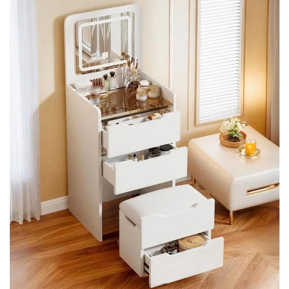 

Small Vanity Desk with Mirror and Lights,Compact Vanity Mini Makeup Vanity Desk with Lights White Vanity Dressing Table with