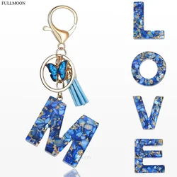 Glitter Blue Resin 26 Letter Keychain Delicate Butterfly Tassel Initials Pendant For Women Men Bag Charm Car Keyring Accessories