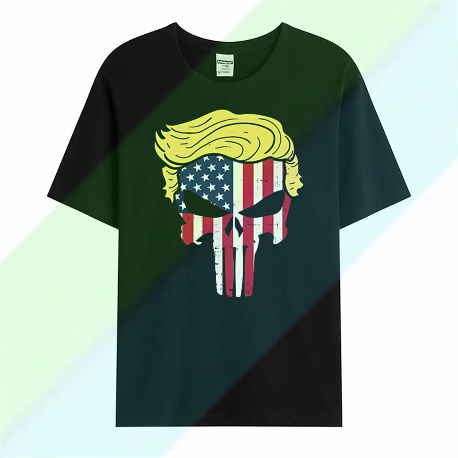 2024 motorcycle rider gift T-shirt Trump wig US flag skull supports Republican re-election