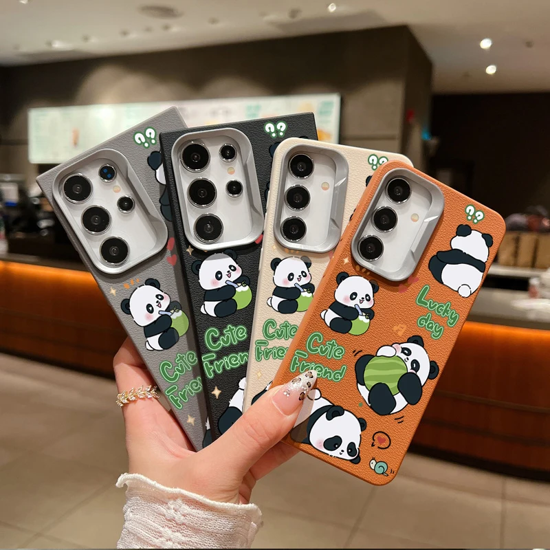 Cute Baby Panda Case For Samsung Galaxy S24 S23 S22 Ultra S21 S20 FE A16 A14 A34 A15 A25 A35 A52 A53 A54 A55 5G Leather Texture