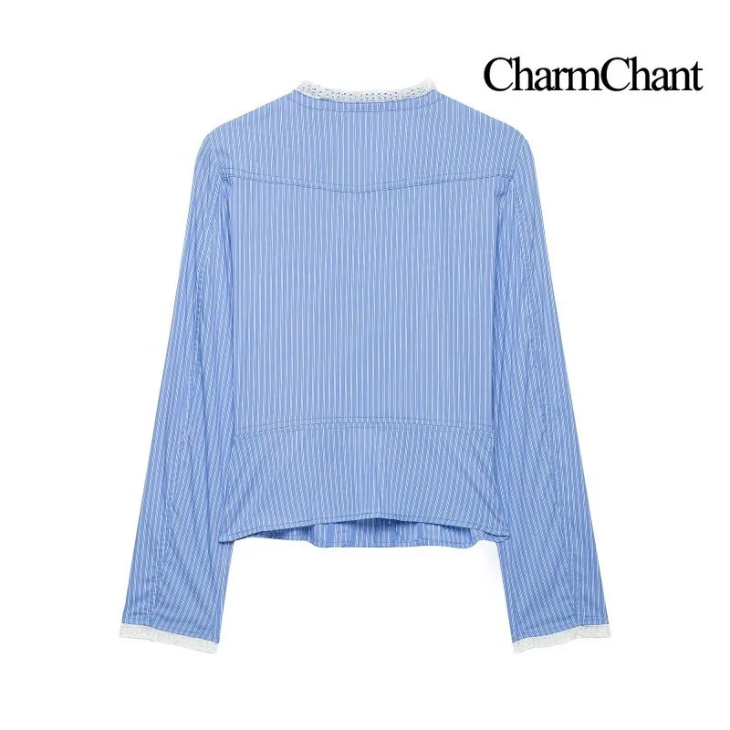 CHARMCHANT Women's Striped Lace Trim Long Sleeve Crop Shirt Stand Collar Double Breasted Slim Casual Blouse Summer Top 2026
