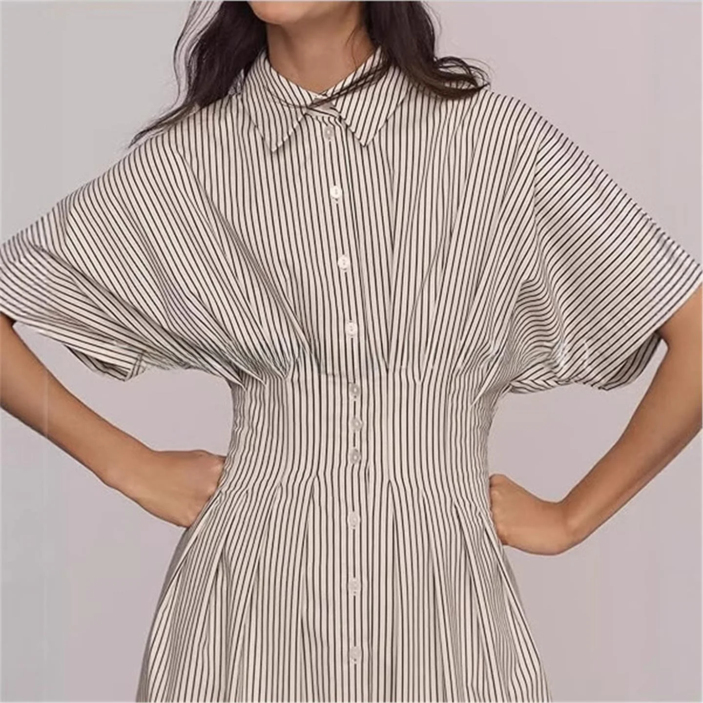 2025 nouvelle rayure multi-bleu plissé ket minceur lâche irt Dr européen Sle ort Sve femmes Faion minceur