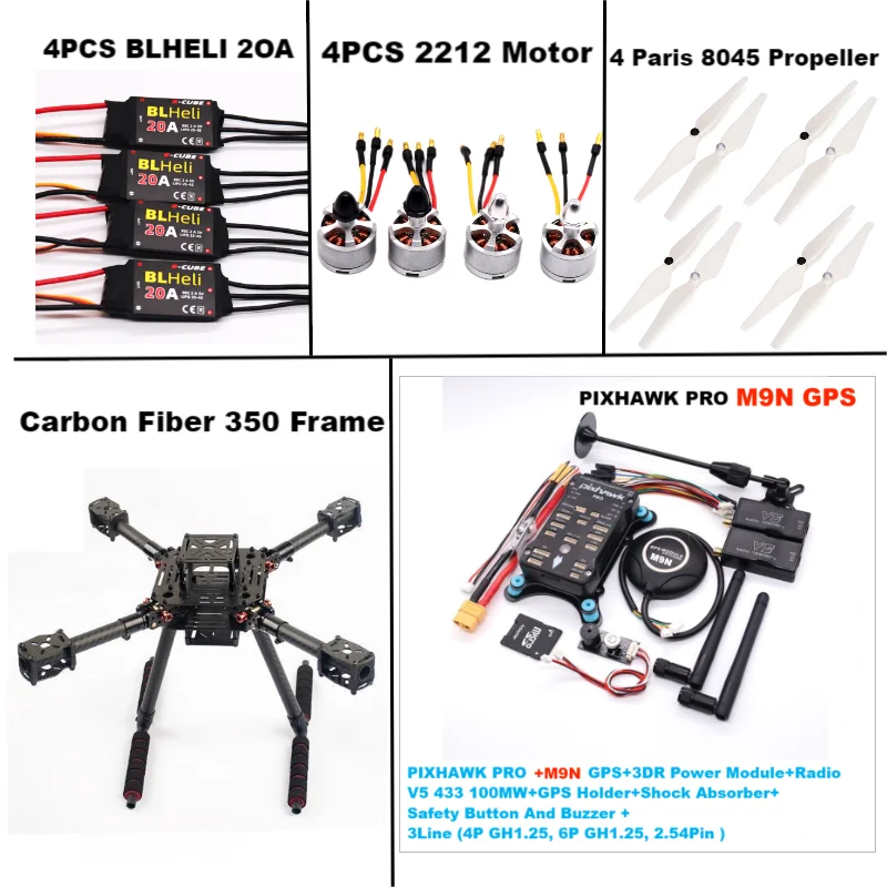 

RctoSky Carbon Fiber 350 PIXHAWK PRO M9N KitFlight Control Ardupilot Radio Telemetry Quadcopter BLHELI 20A 2212 Motor ESC