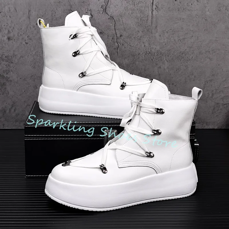 

Punk Chunky Bottom High-Top Cross-Tied Strap Boots for Men Breathabale Leather Casual Sneakers Male Genuine Leather Sport Shoes