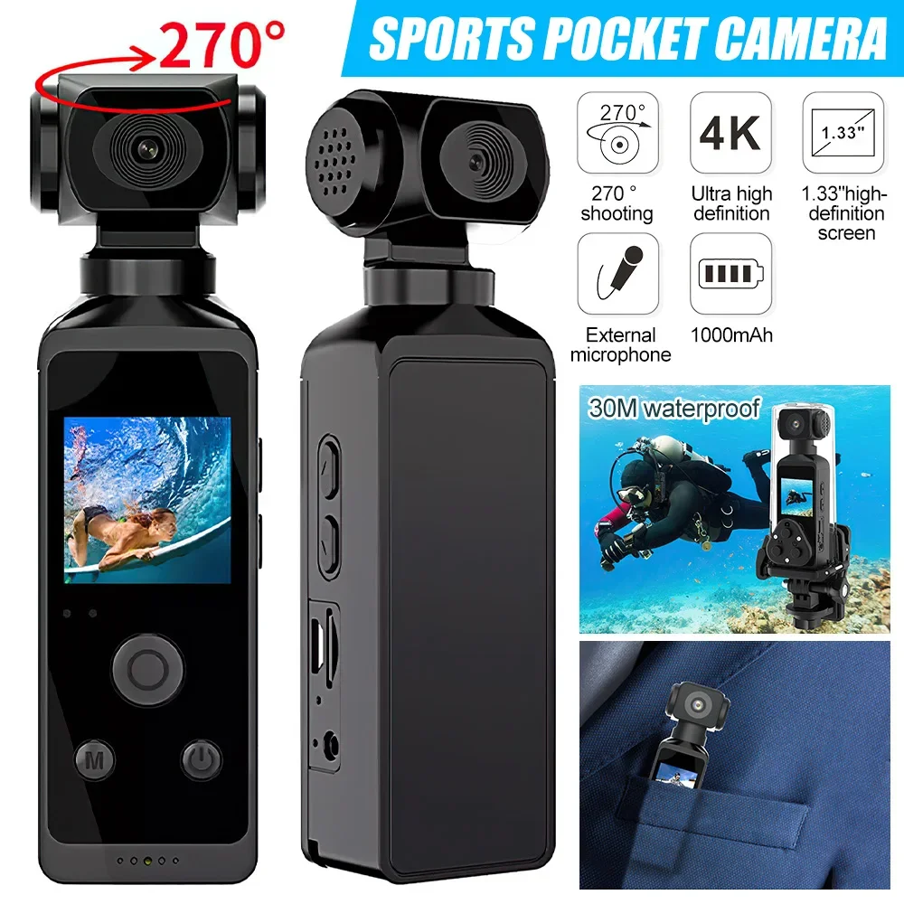 

4K Pocket Action Camera Outdoor Wifi Sports Camera 270° Rotatable Action Cam Video Recorder Sport DV with Waterproof Case