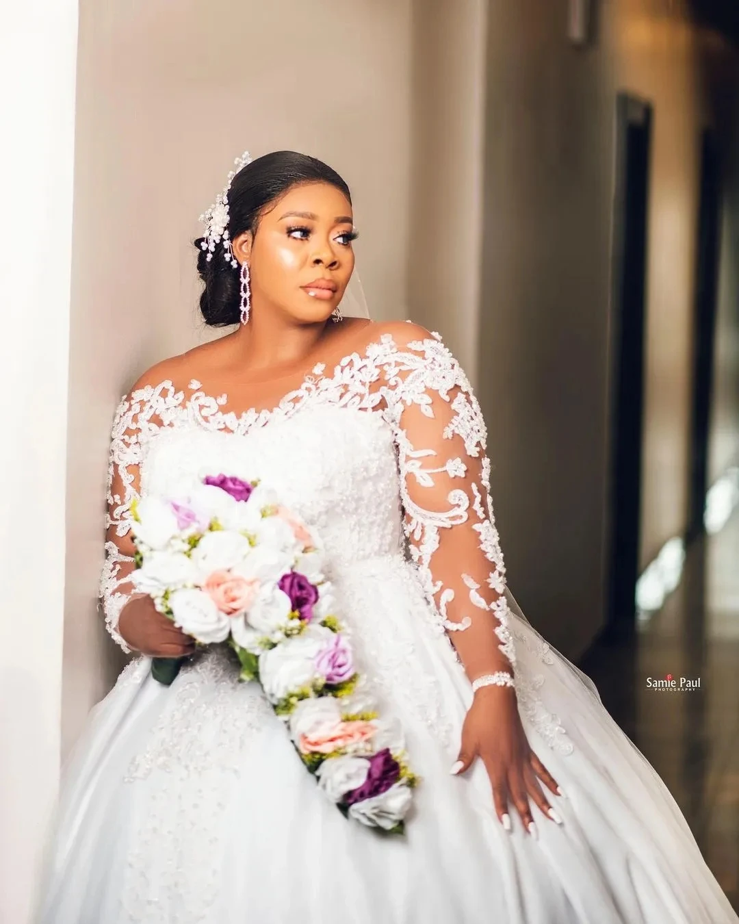 PLUS ขนาดแอฟริกันชุดแต่งงานสีดําสาวบอลชุดแขนยาวลูกไม้ Aso Ebi มุสลิมชุดเจ้าสาว Vestido De Novia ที่กําหนดเอง