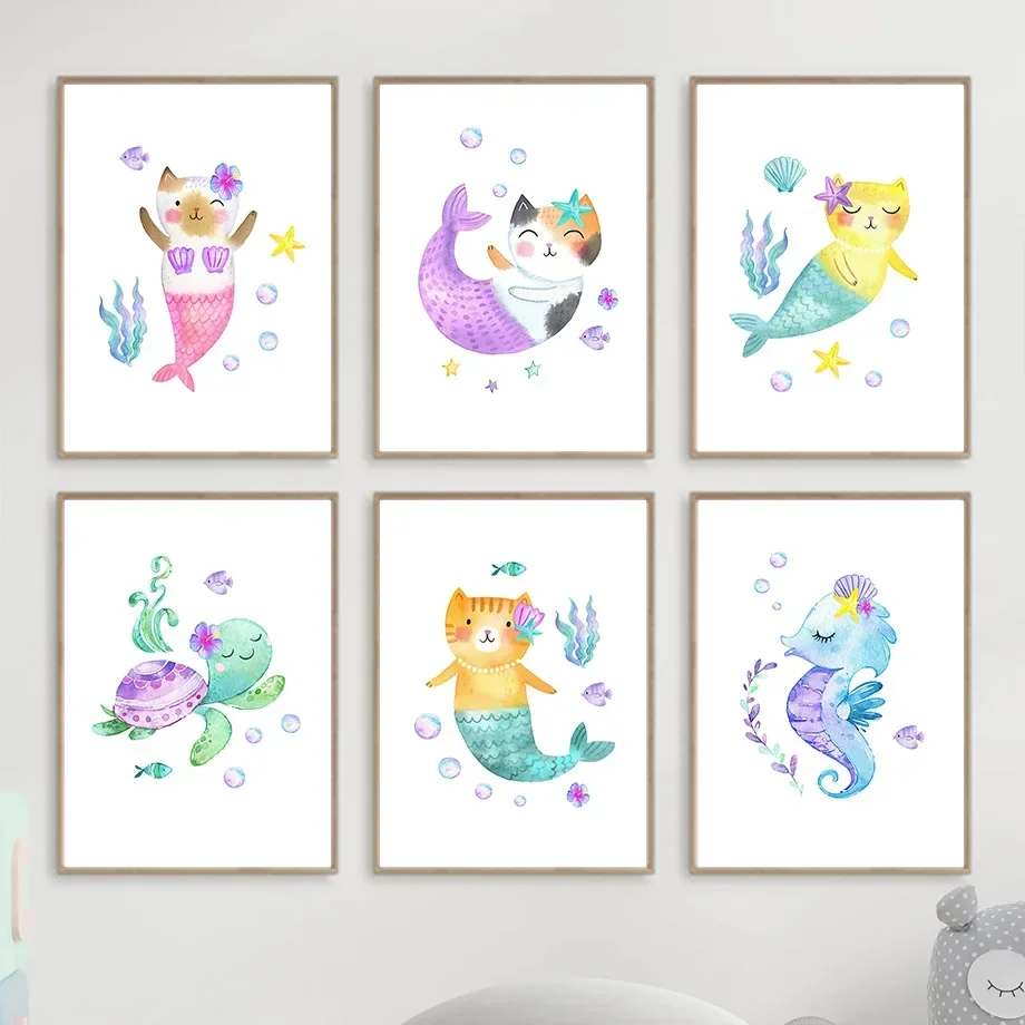 Pósteres nórdicos adorables de sirena, gato, caballito de mar, Tortuga, arte de pared de lona para guardería, impresiones para decoración de habitación de bebé y niños