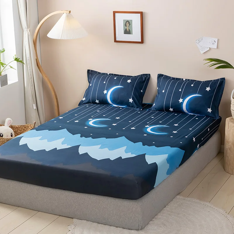 1pc Fitted Sheet Summer Mattress Cover With Elastic Rubber Band Bed Linens Moon Blue Bedclothes Bedspread Home Textile 120*200