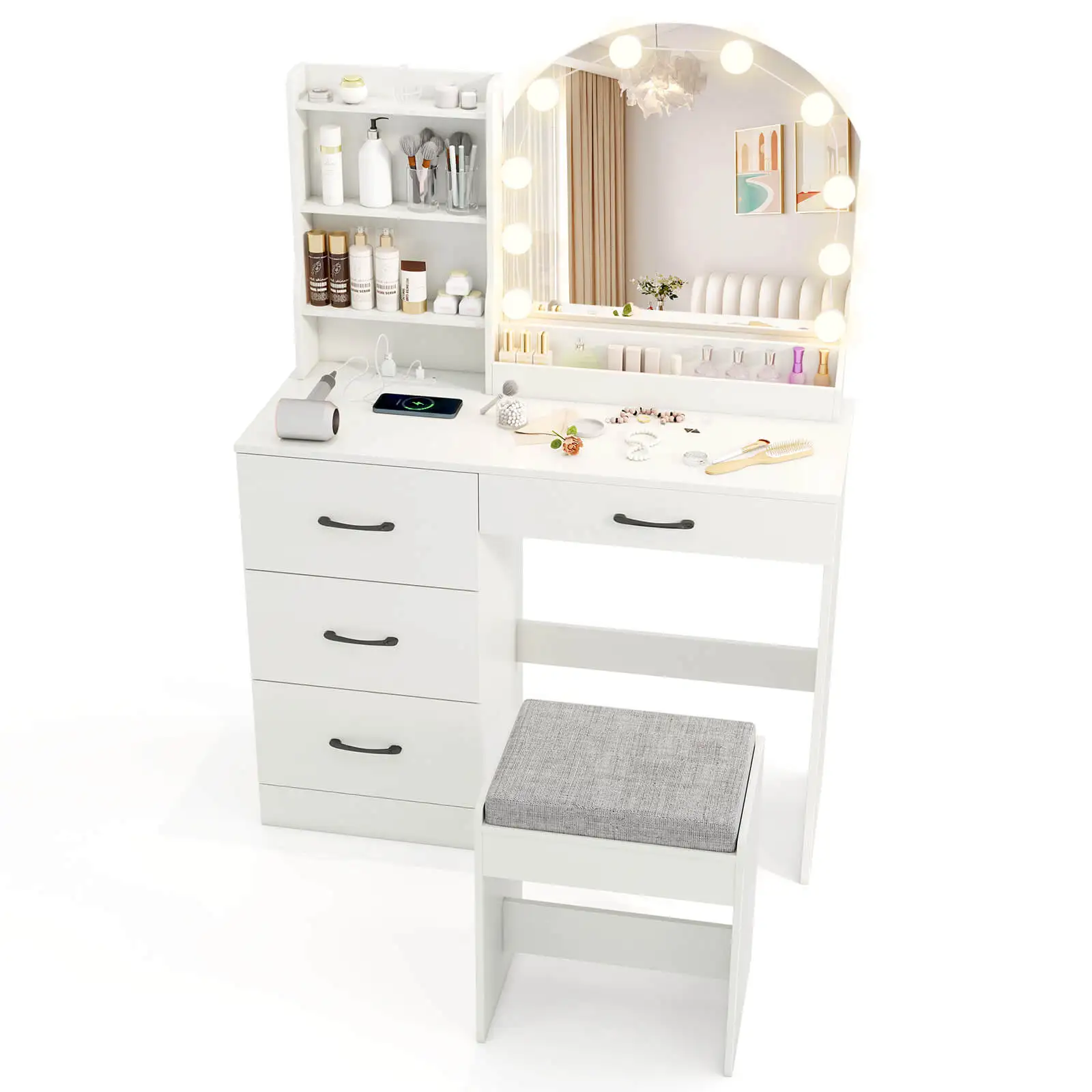 Vanity Set with Mirror and Lights w/ 3-Color Lighting & Adjustable Brightness