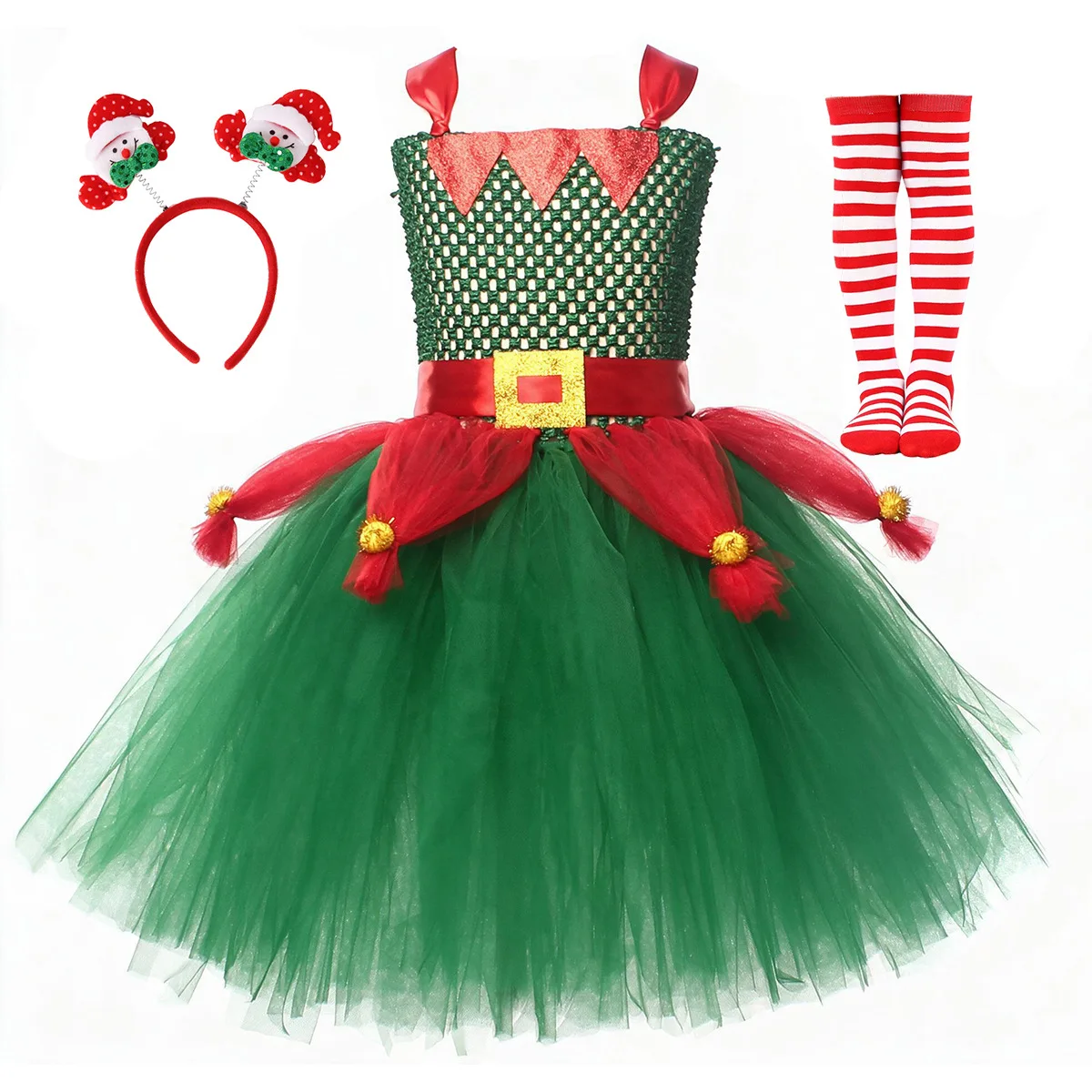 Girls Red Green Christmas Tree Cute Pom Pom Decoration Tulle Tutu Dress With Headband Socks Outfit For Holiday Praty Performance