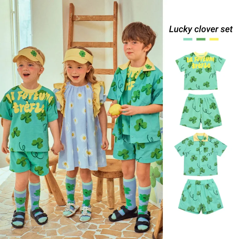

BEBEBEBE cartoon clover children's short-sleeved shirt/T-shirt + shorts set 2025 summer new Korean version trendy cool
