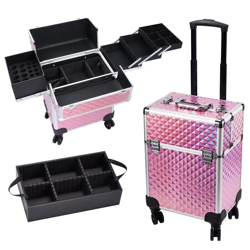 Large Pink Rolling Storage Case Professional Beauty Organizer Multi Functional Portable Trolley With Wheels For Makeup