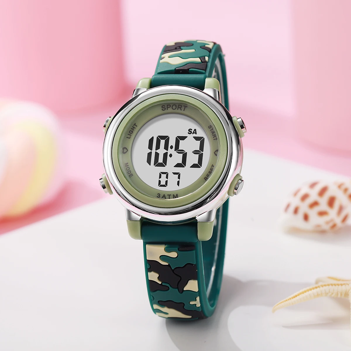 Orologio elettronico per bambini con cinturino in silicone con motivo mimetico di tendenza alla moda, adatto per l'uso quotidiano, regali di Natale