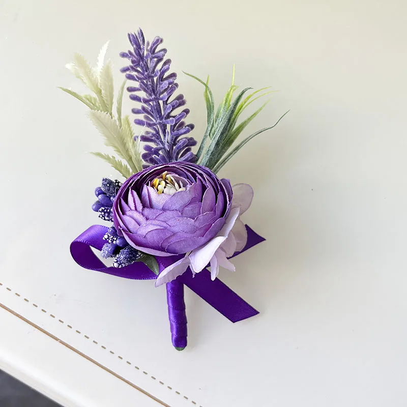 ผู้ชาย Buttonhole Boutonniere พรหมอุปกรณ์จัดงานแต่งงานดอกกุหลาบสีม่วงประดิษฐ์ดอกไม้ Party Graduation Ceremony ชุดตกแต่ง