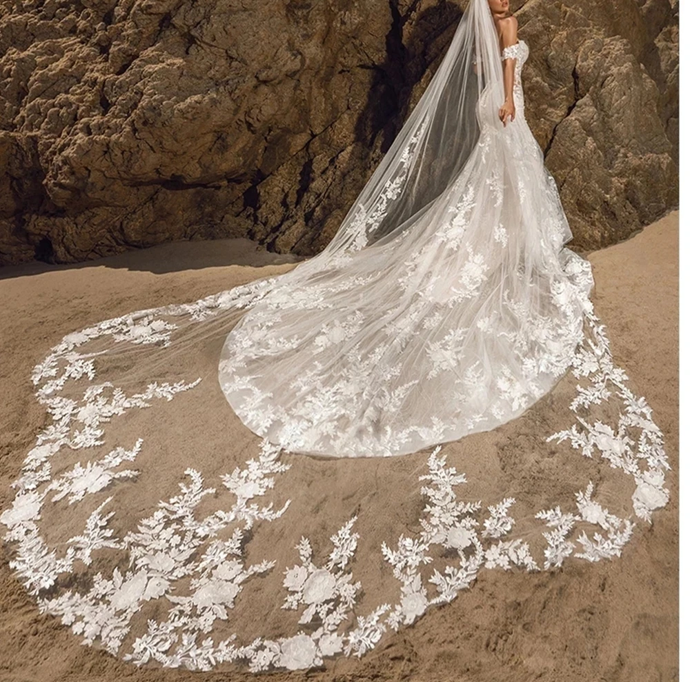 Véu de casamento longo com pente, tule macio, renda recortada, véus florais de noiva, véu marfim branco, 1 camada, elegante