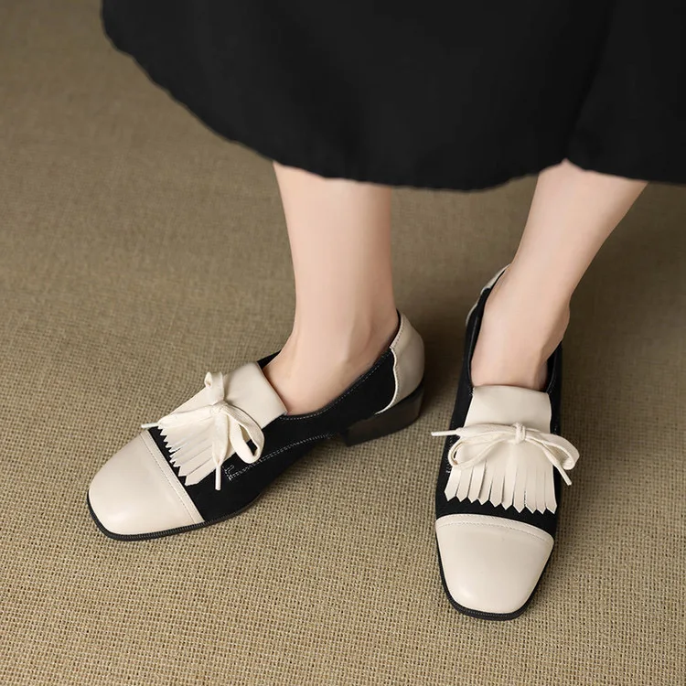 Women Genuine Leather Loafers Color Block Fringe Bow Round Toe Block Heel 3.5CM Pigskin Lining TPR Sole Chic Casual Flats F494