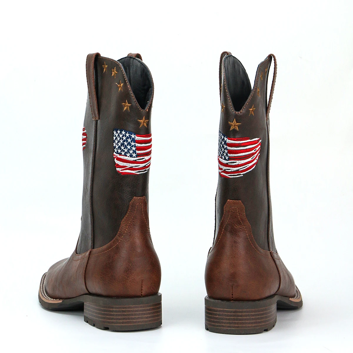 Men's Plaid Square Toe Low Heel Easiest for Match National Flag Slip-on Outdoor Cowboy Boots