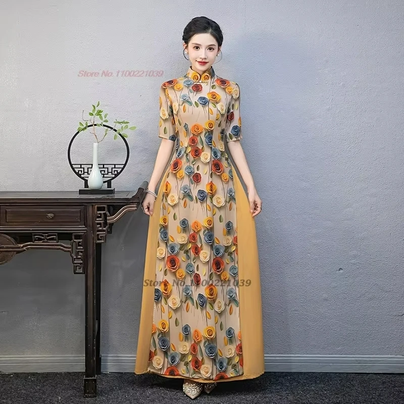 2025 ao dai vietnam traditional dress chinese improved dress cheongsam stage dress flower print banquet evening dress qipao