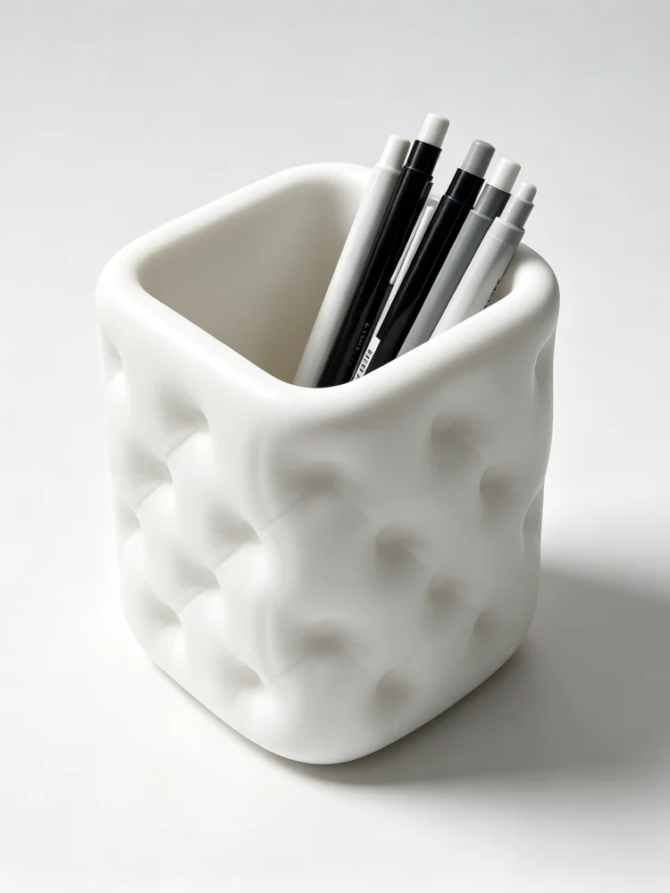 Modern Minimalist Cute Aesthetic Style Tufted Texture Pen Cup, Sofa Cushion Quilted Design Square Matte White Pen Holder, Durable and Smooth Plastic Material, Compact Size with Stable Base for Easy Cleaning, Desktop Storage Box, Suitable for Home Office, School Desks, Can Hold Stationery and Makeup Brushes, Atmospheric Desktop Decoration Accessory