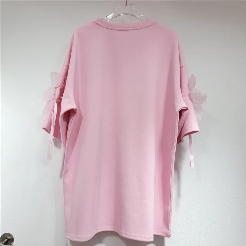 Round Neck Mid-length T-shirt Dress 2024 Summer New Style Fashionable Three-dimensional Flower Beading Loose Large Size Top
