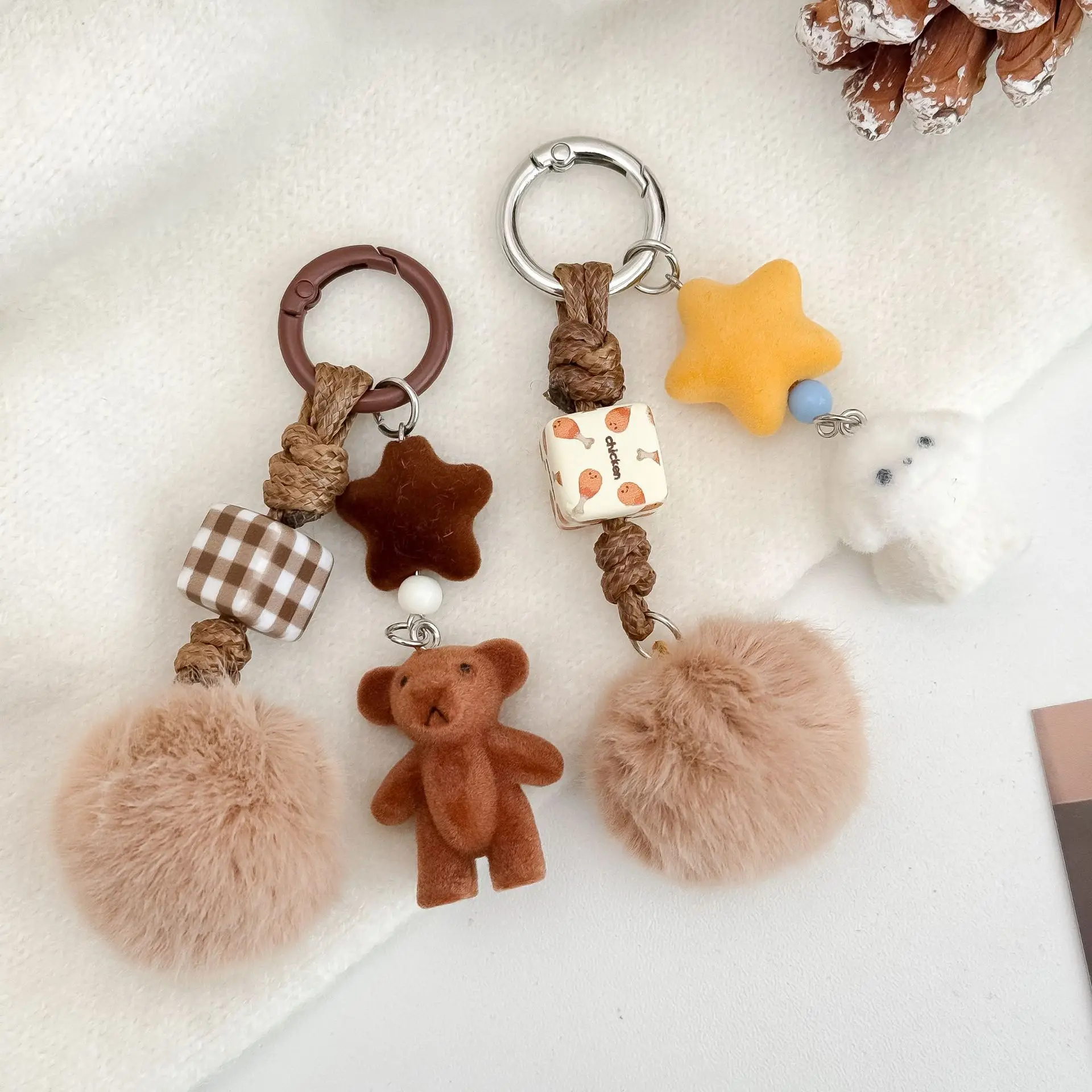 Retro Ins Cute Flocked Bear Pendant Keyring Korean Flocking Puppy Handmade Keychain for Girl Phone Kids Bag Keyfob Gifts