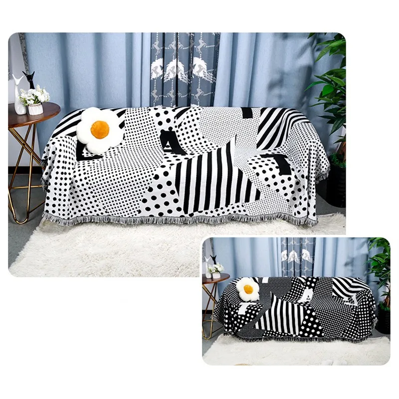 Boho Home Sofa Blanket Black and White Design Woven Throw Blanket with Fringe for Couch Cover Bohemian Carpet Blanket Tapestry