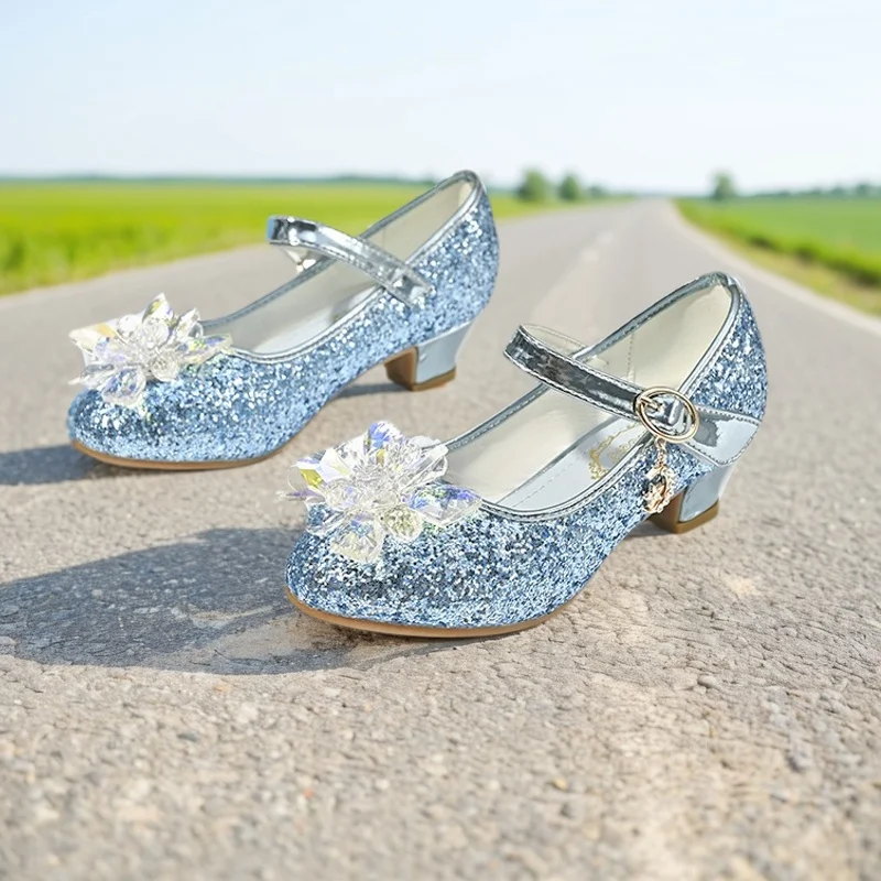 Children's Glass Flower Sandals Girls Blue Shoe Princess High Heels Children's Runway Dance Shoes Children Show Single Shoes