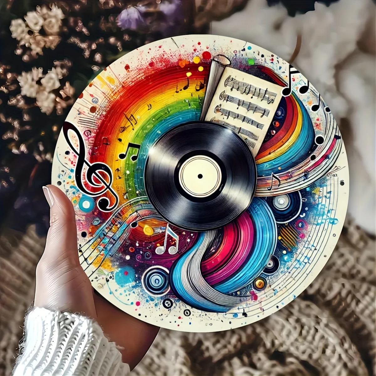 2D Flat, 1pc Vintage Vinyl Record Metal Wall Art  Music-Themed Foil Engraved Sign with Colorful Splatter Design