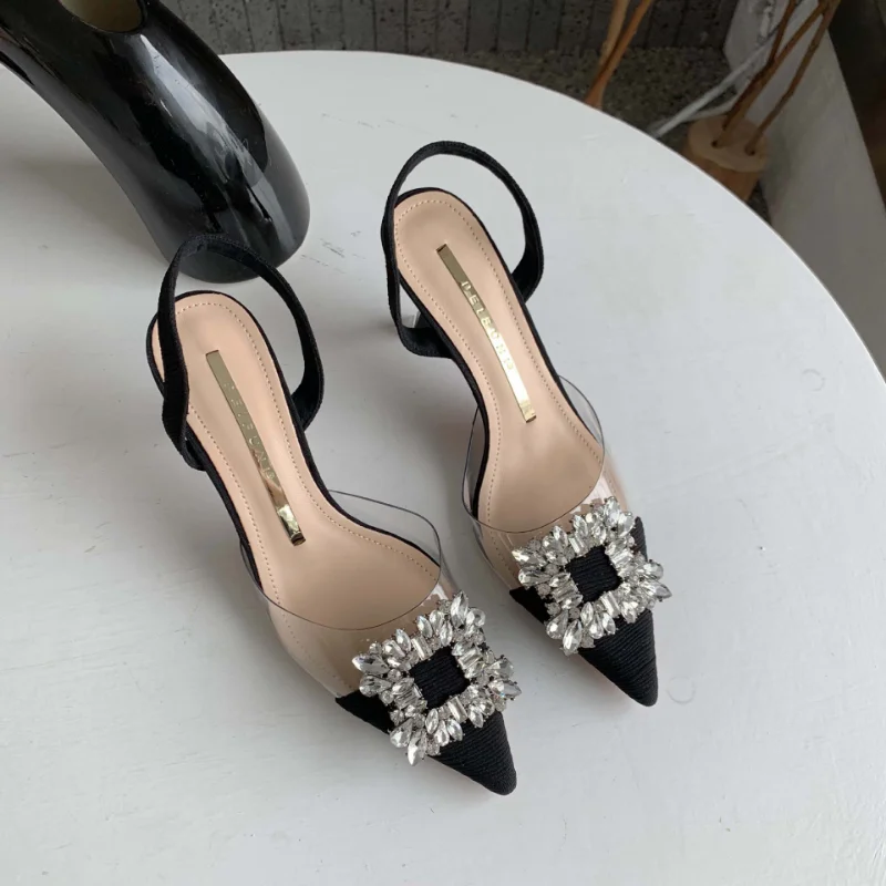 Fashion Baotou Half Slippers for Women 2023 Summer New Outdoor Rhinestone Pointed Thick Heel High Heel Sandals Zapatos De Mujer