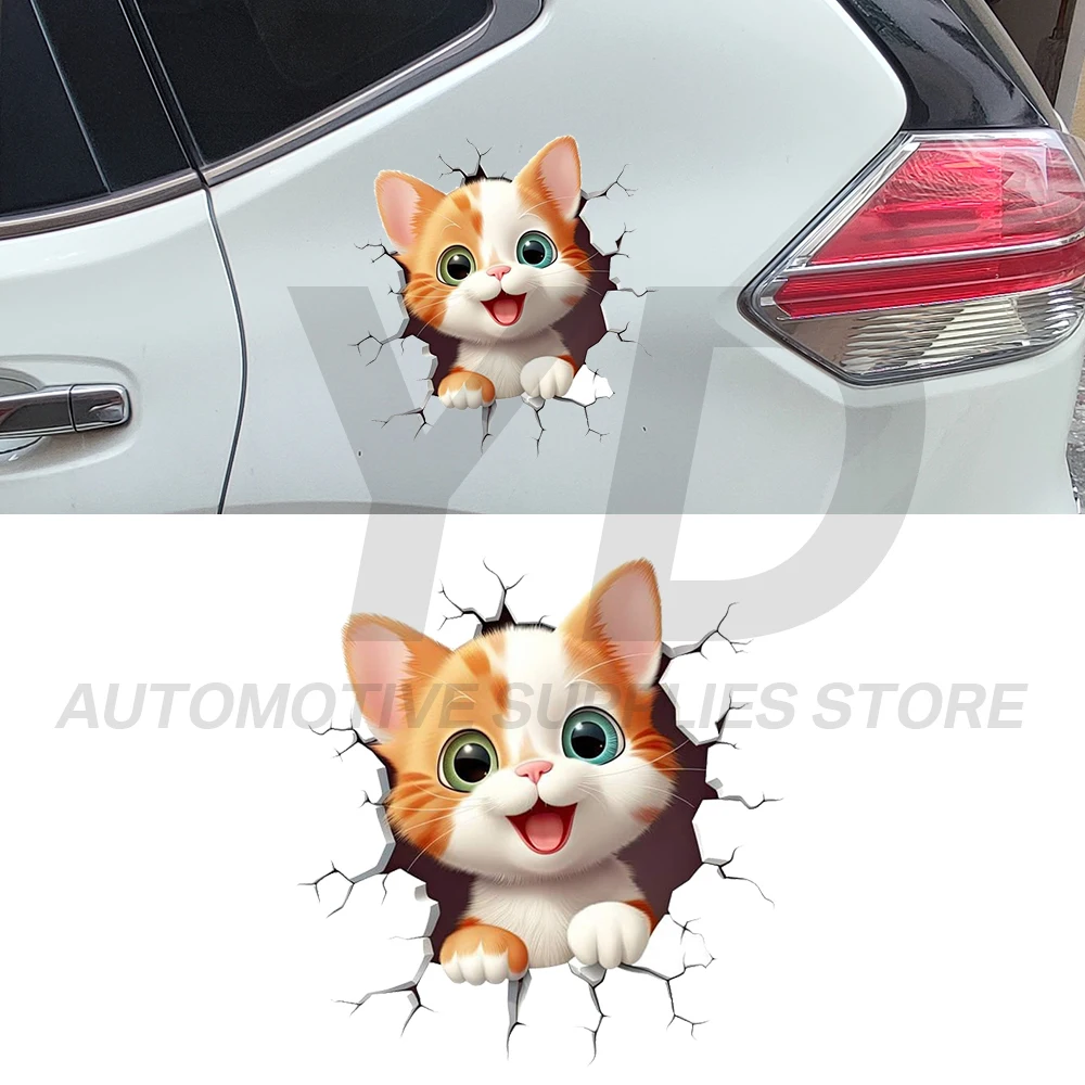 Cool 3D Broken Wall Cat Sticker Happy Ginger Kitten Car Decal Personality Hood Trunk Decor Vinyl Sticker for Truck SUV DIY