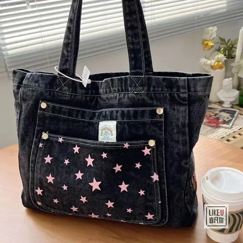 Moda Trendy Five Star Totes per le donne borsa a tracolla in Denim ad alta capacità Office Lady Simple Canvas Underarm Bag fuchaycucuvenia