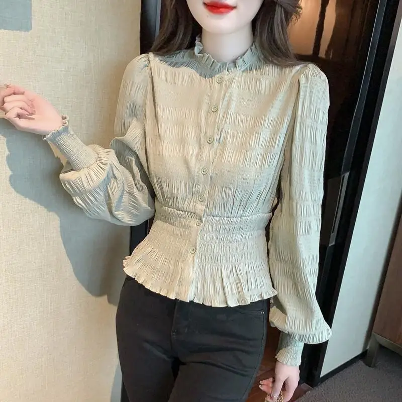 Long Sleeved Shirt Women's Early Autumn New Style Waist Cinching Western Small Shirt French Gentle and Beautiful Chic Small Top