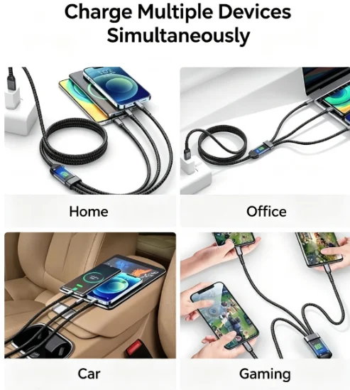 100W 3IN1 Transparent Luminous Fast Charging Cable MultiFunction USB TypeC Extension Cord for Android Smart Devices