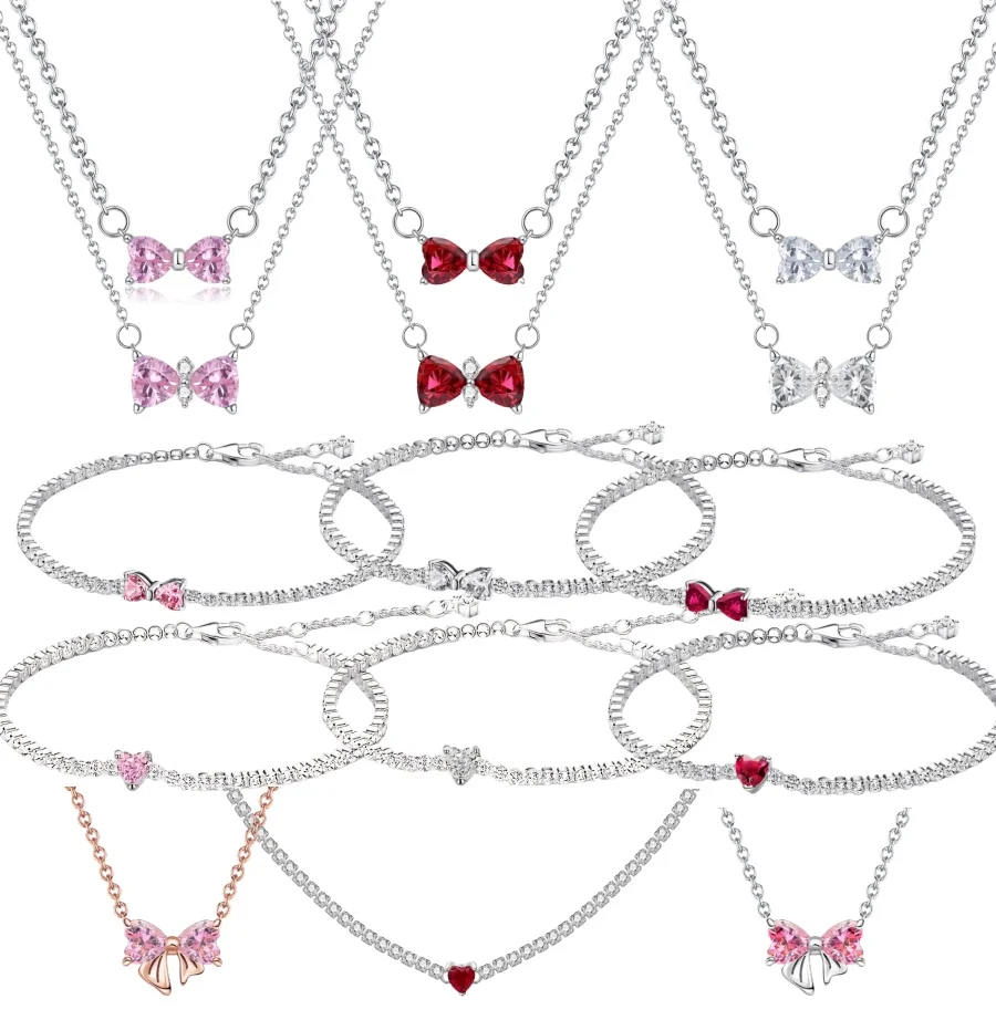 Collana originale di lusso in argento sterling 925 con fiocco rotondo CZ con ciondolo a forma di cuore rosso, collana con ciondolo da donna, classica creazione di regali fai da te