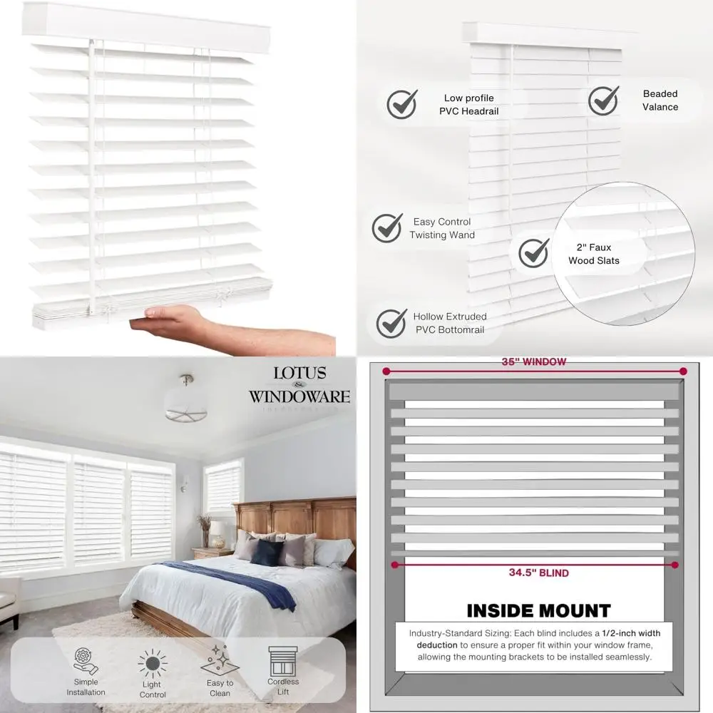 

Беспроводные жалюзи LOTUS & WINDOWARE из искусственного дерева, длина 35 x 72, гладкие, белоснежные, 2-дюймовые горизонтальные жалюзи — для гостиной,