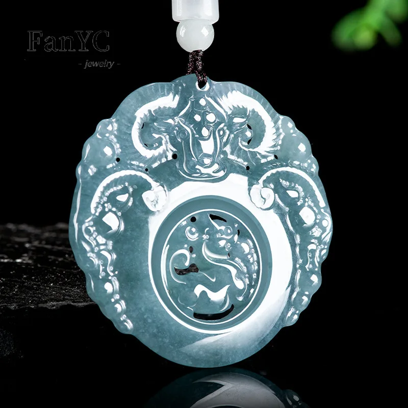 Natural Myanmar Jadeite Blue Water Three Sheep Pendant Hollow Carved Dragon Exquisite Fashion Necklace Jewelry for Men and Women