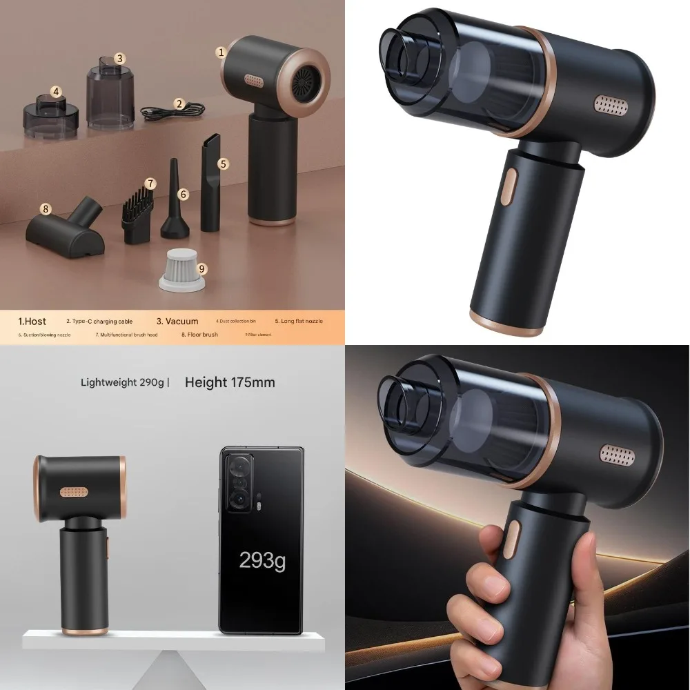 HEPAフィルター付きポータブルコードレスハンドヘルド掃除機、車用強力吸引、充電式、アクセサリー6個、ブラック