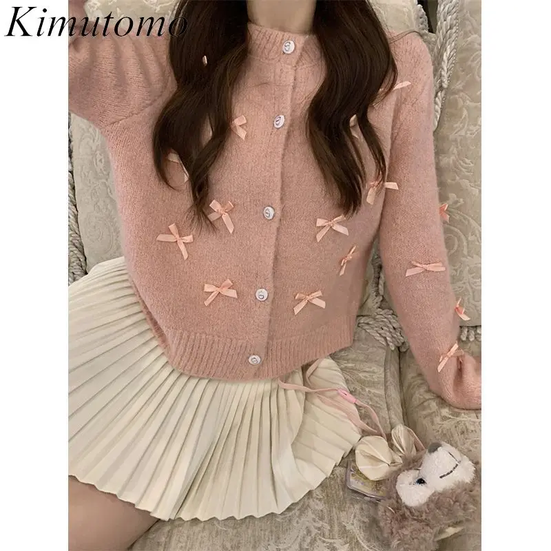 Kimutomo Sweet Three Dimensional Satin Bows Knitted Cardigan Small Fresh Solid Pink Cardigans French Style Loose Sweaters