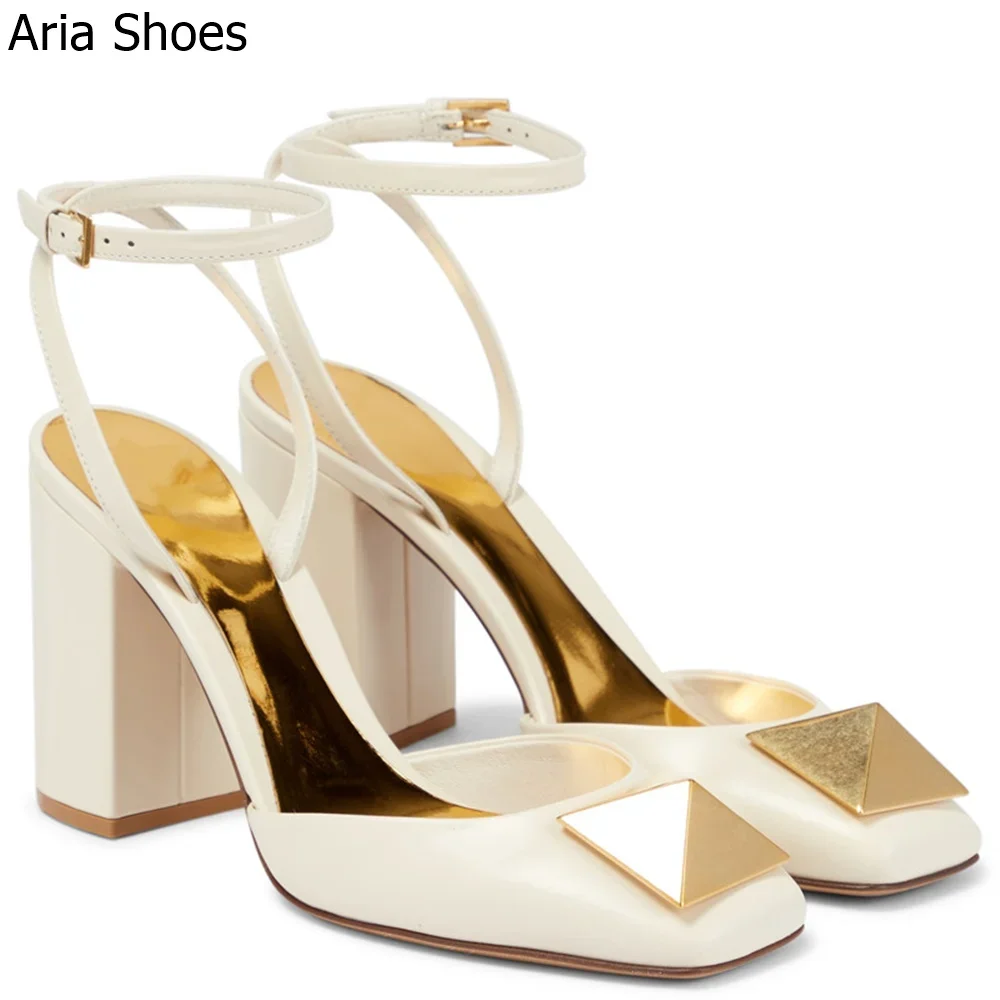 Rivet Square Toe Chunky Heel Sandals Women 2025 Spring Summer New High Heels Shallow Ankle Buckle Strap Pink/white 8cm Sandals