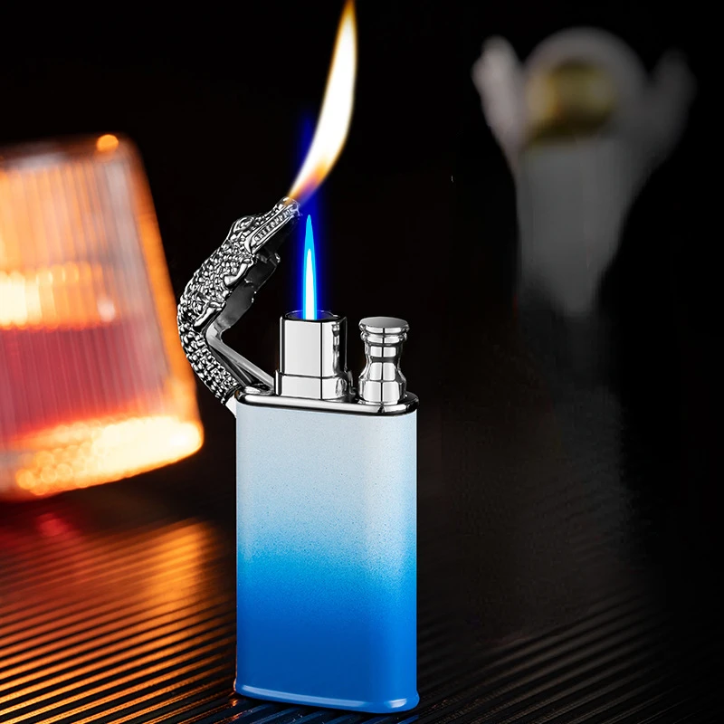 New Double Fire Crocodile Direct Fire Switch Double Fire Butane Lighter Metal Turbine Gradient Gas Lighters Gift for Lovers